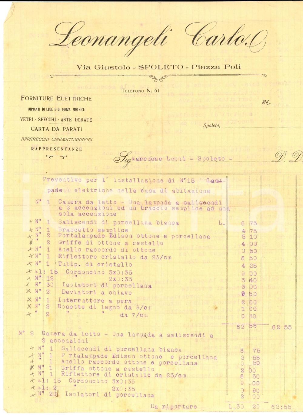 Documento originale, autentico 1920 ca SPOLETO Carlo LEONANGELI Forniture elettriche Fattura intestata 1