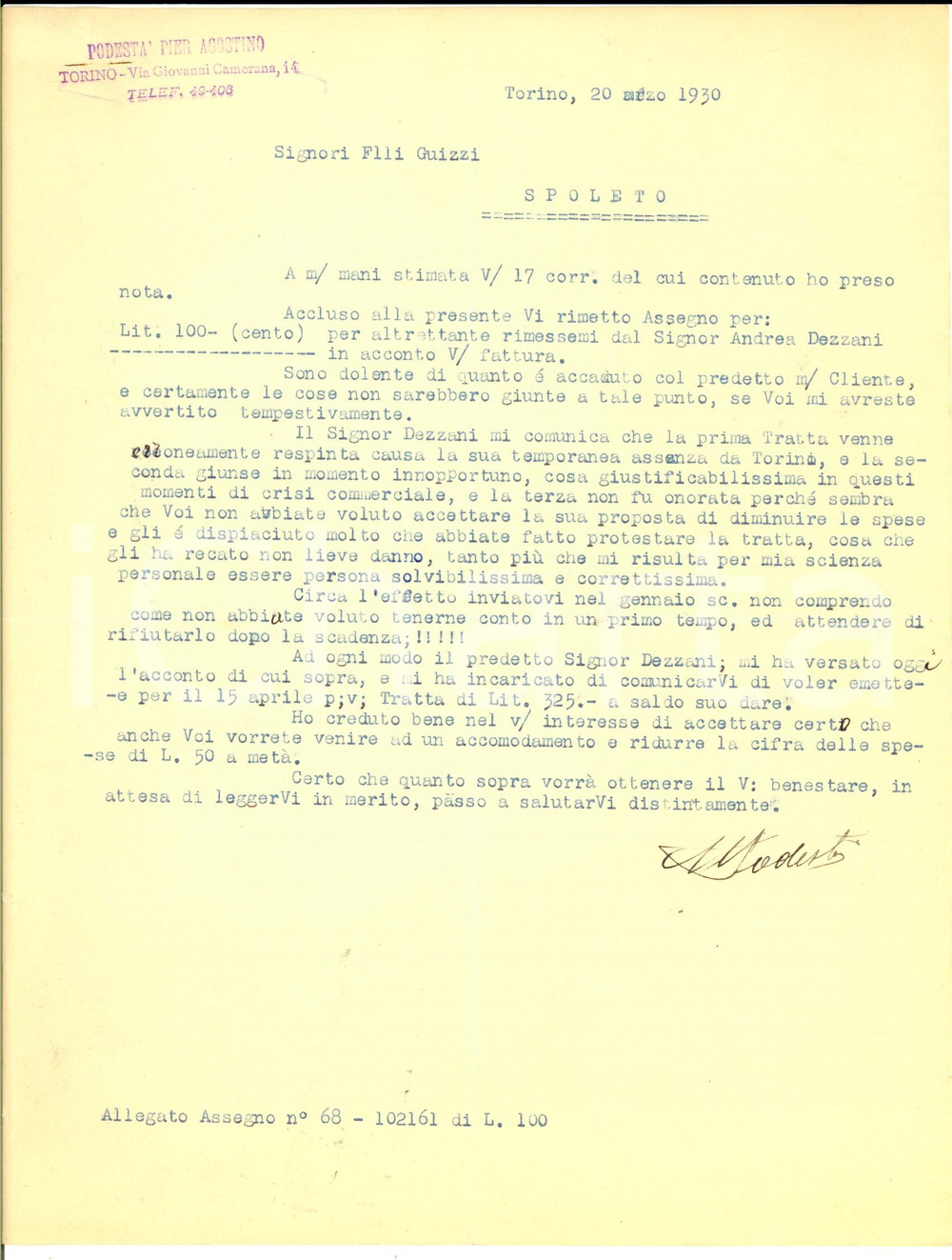 Documento originale, autentico 1930 TORINO Pier Agostino PODESTA  sugli arretrati di un cliente Lettera 1