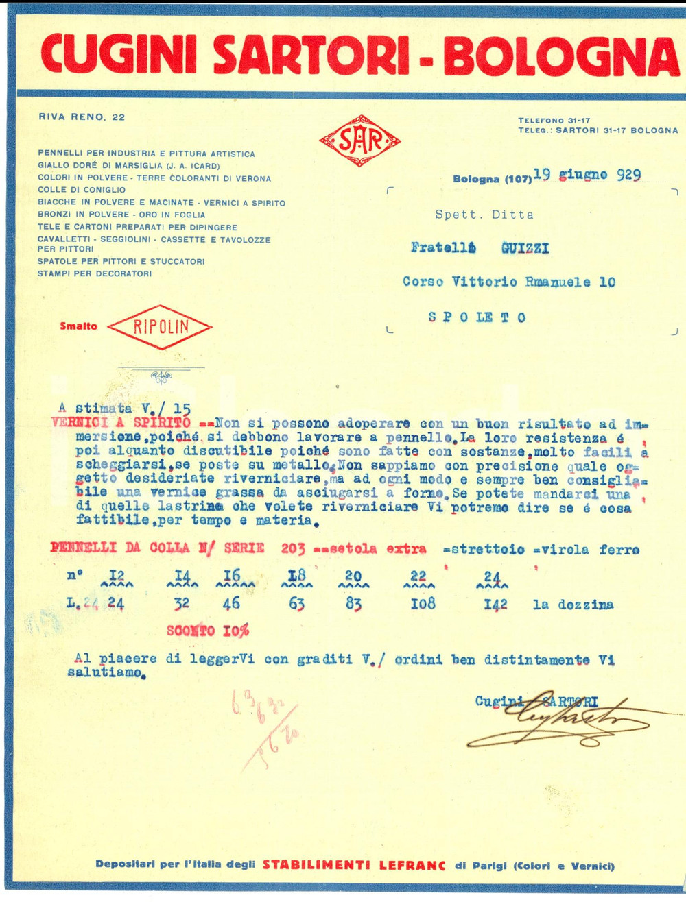 Documento originale, autentico 1929 BOLOGNA Ditta CUGINI SARTORI Lettera consigli su vernici a spirito 1