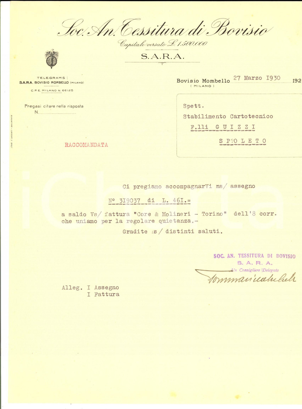 Documento originale, autentico 1930 BOVISIO MASCIAGO Società Anonima Tessitura di BOVISIO Lettera intestata 1