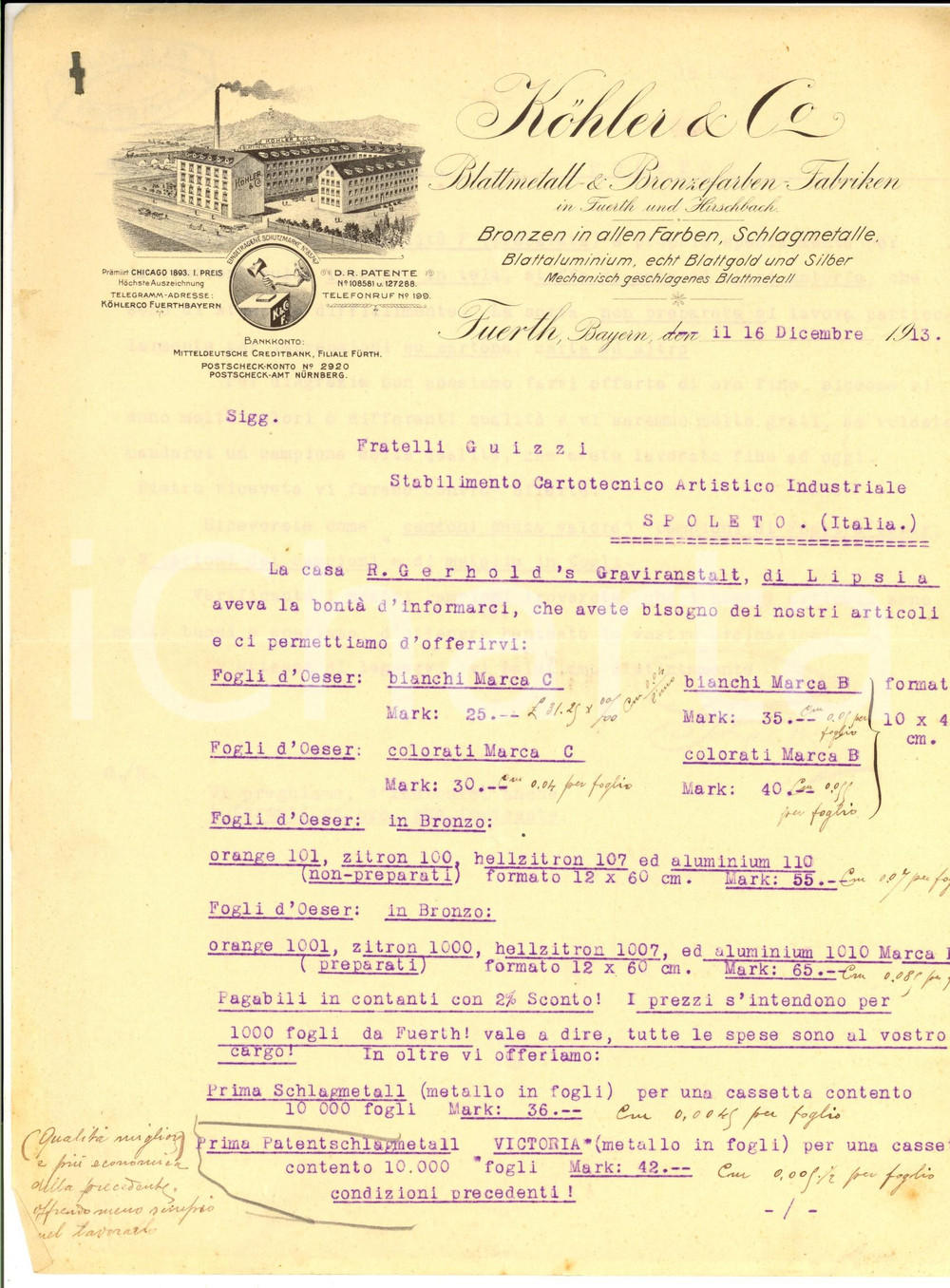Documento originale, autentico 1913 FURTH D KOHLER & Co Blattmetall & Bronzefarben Fabriken Preventivo 1