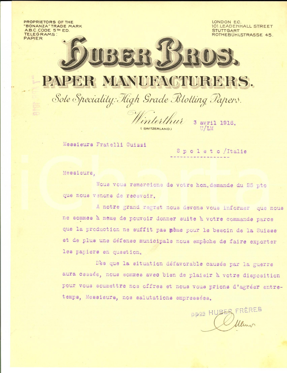 Documento originale, autentico 1916 WINTERTHUR CH Ditta HUBER Bros. sul divieto di esportazione di carta 1