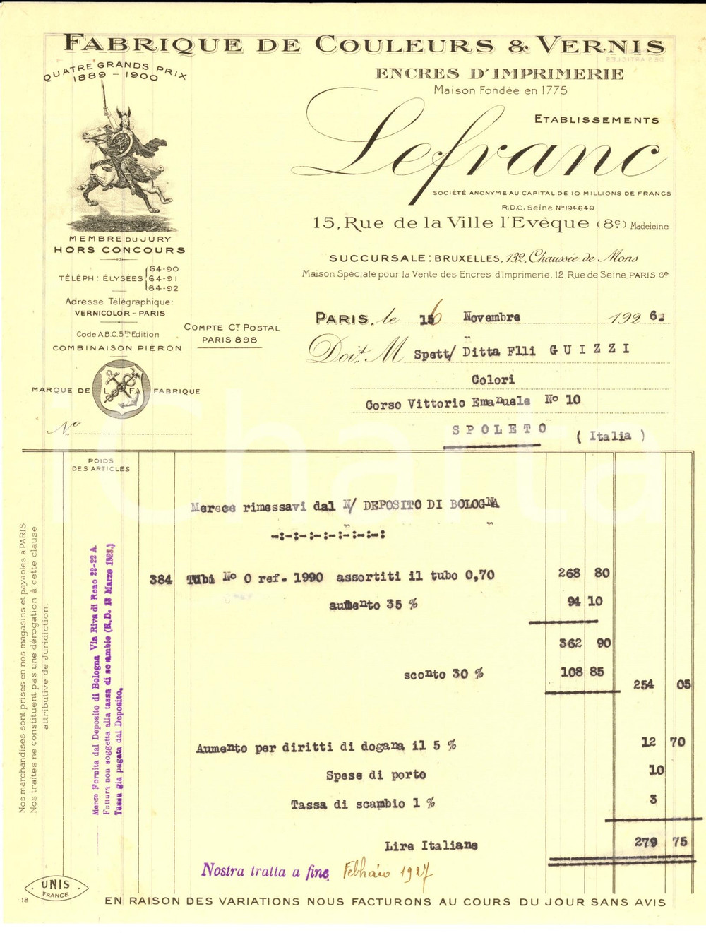 Documento originale, autentico 1926 PARIS Etablissements LEFRANC Fabrique couleurs et vernis Fattura 1