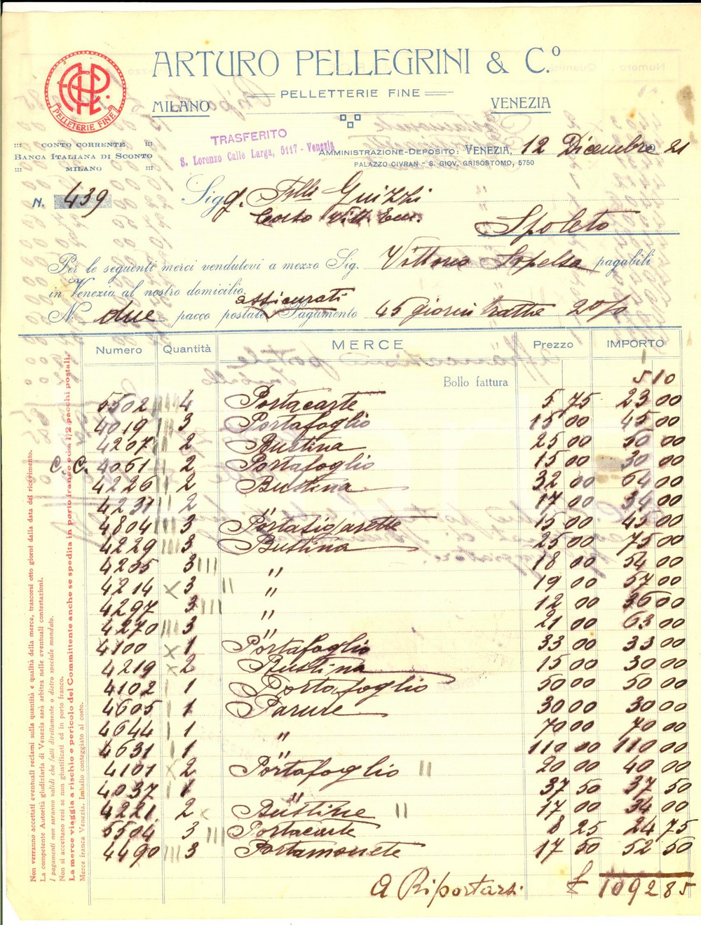Documento originale, autentico 1921 VENEZIA Pelletterie fine ARTURO PELLEGRINI E C. Fattura intestata 1