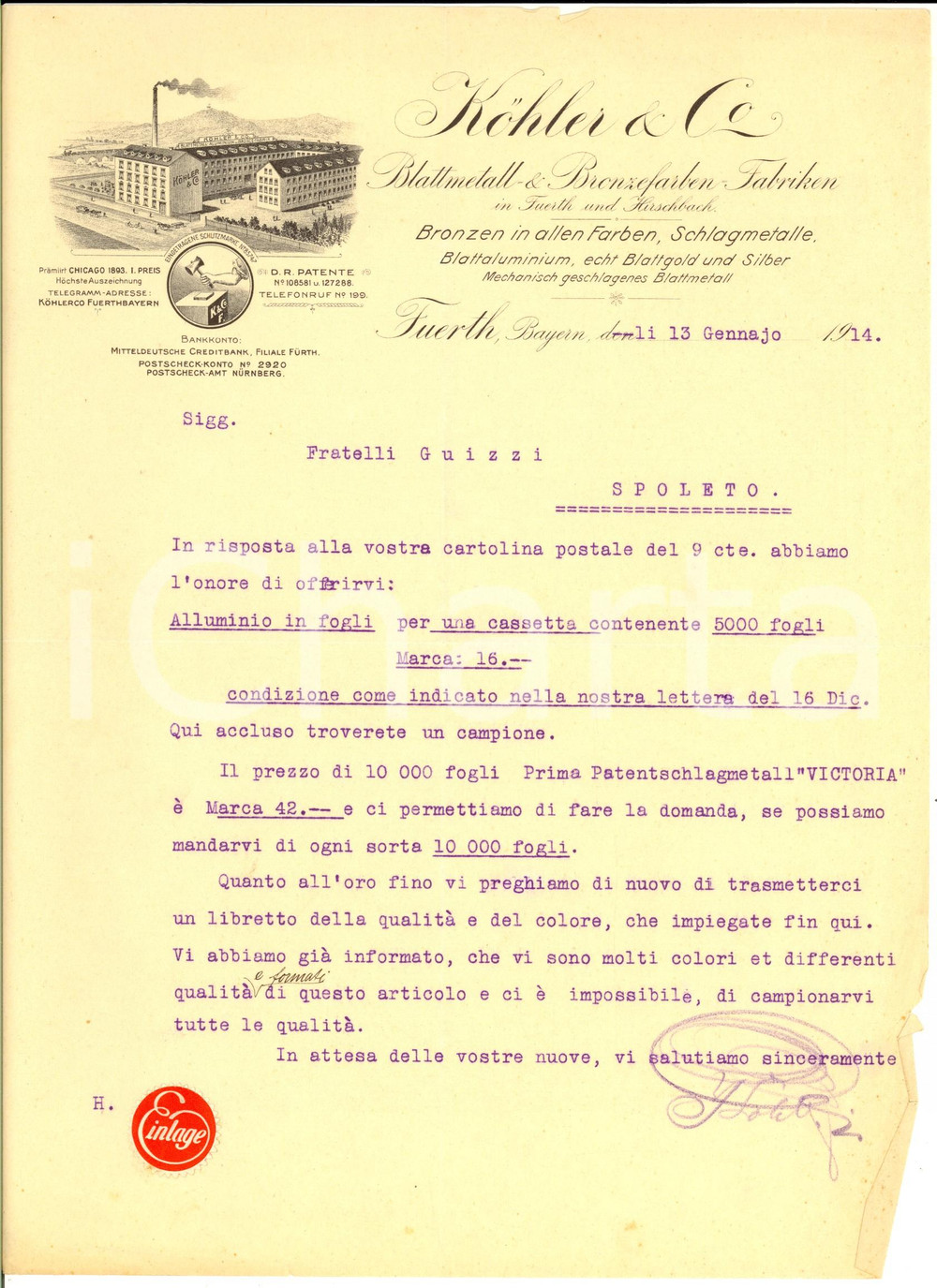 Documento originale, autentico 1914 FURTH D KOHLER Blattmetall & Bronzefarben Fabriken Preventivo alluminio 1