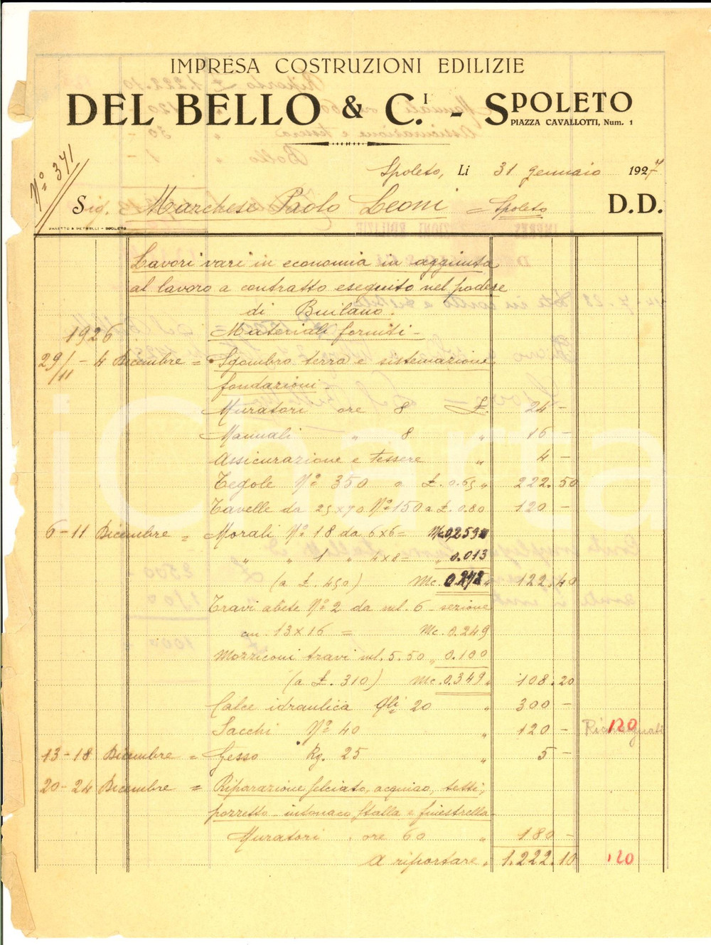 Documento originale, autentico 1927 SPOLETO PG Costruzioni edilizie DEL BELLO & C. Fattura intestata 1