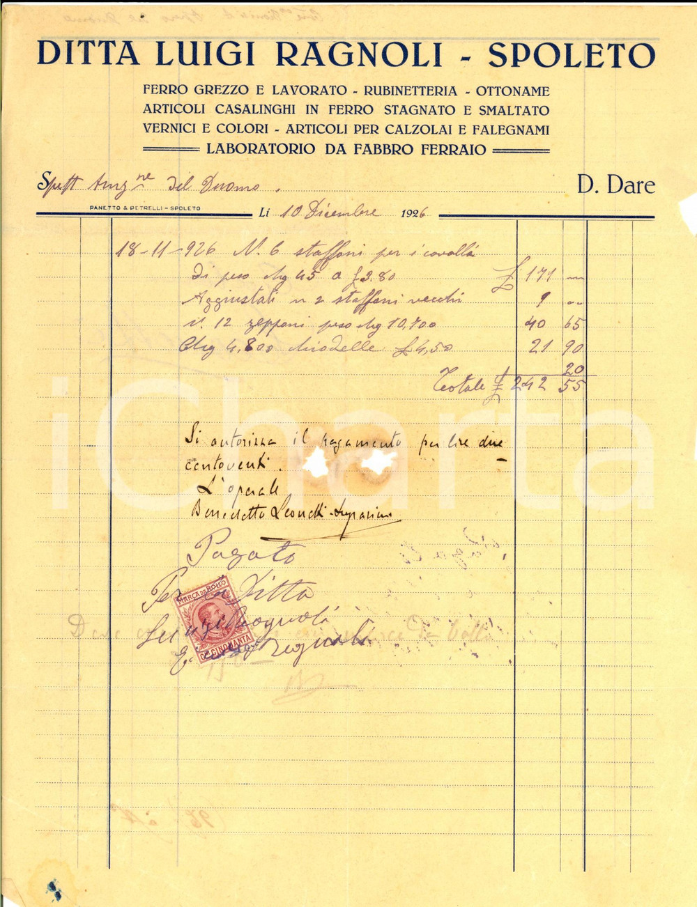 Documento originale, autentico 1926 SPOLETO PG Ditta Luigi RAGNOLI Ferro e rubinetterie Fattura intestata 1