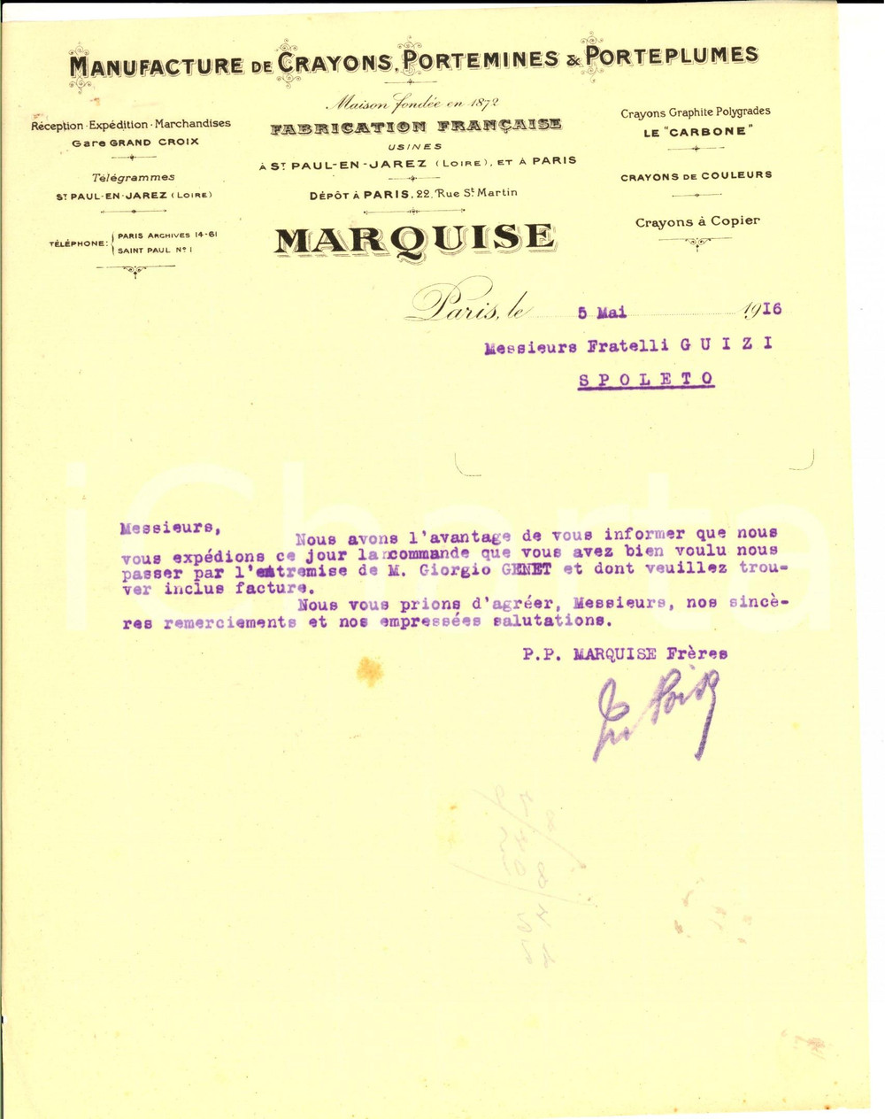 Documento originale, autentico 1916 PARIS MARQUISE Manifacture de crayons et porteplumes Lettera commerciale 1