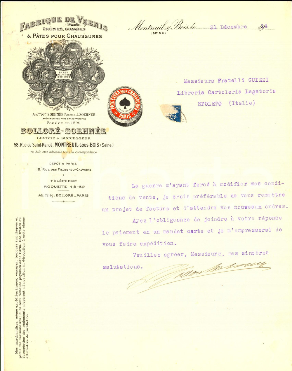Documento originale, autentico 1914 MONTREUILSURBOIS Ditta BOLLORE   SOEHNEE Vernici Lettera commerciale 1