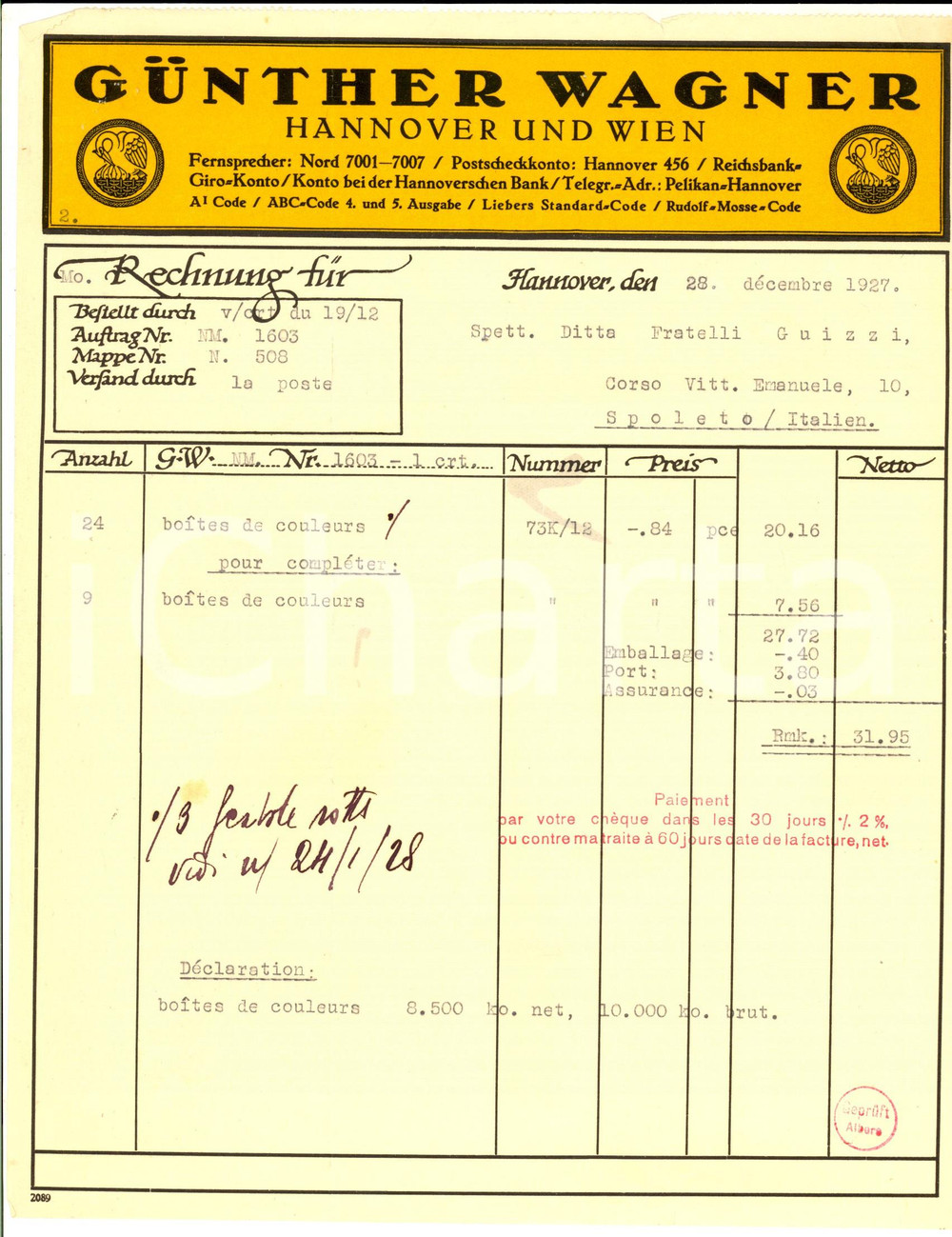 Documento originale, autentico 1927 HANNOVER D Ditta GUNTHER WAGNER Fattura intestata per colori 1
