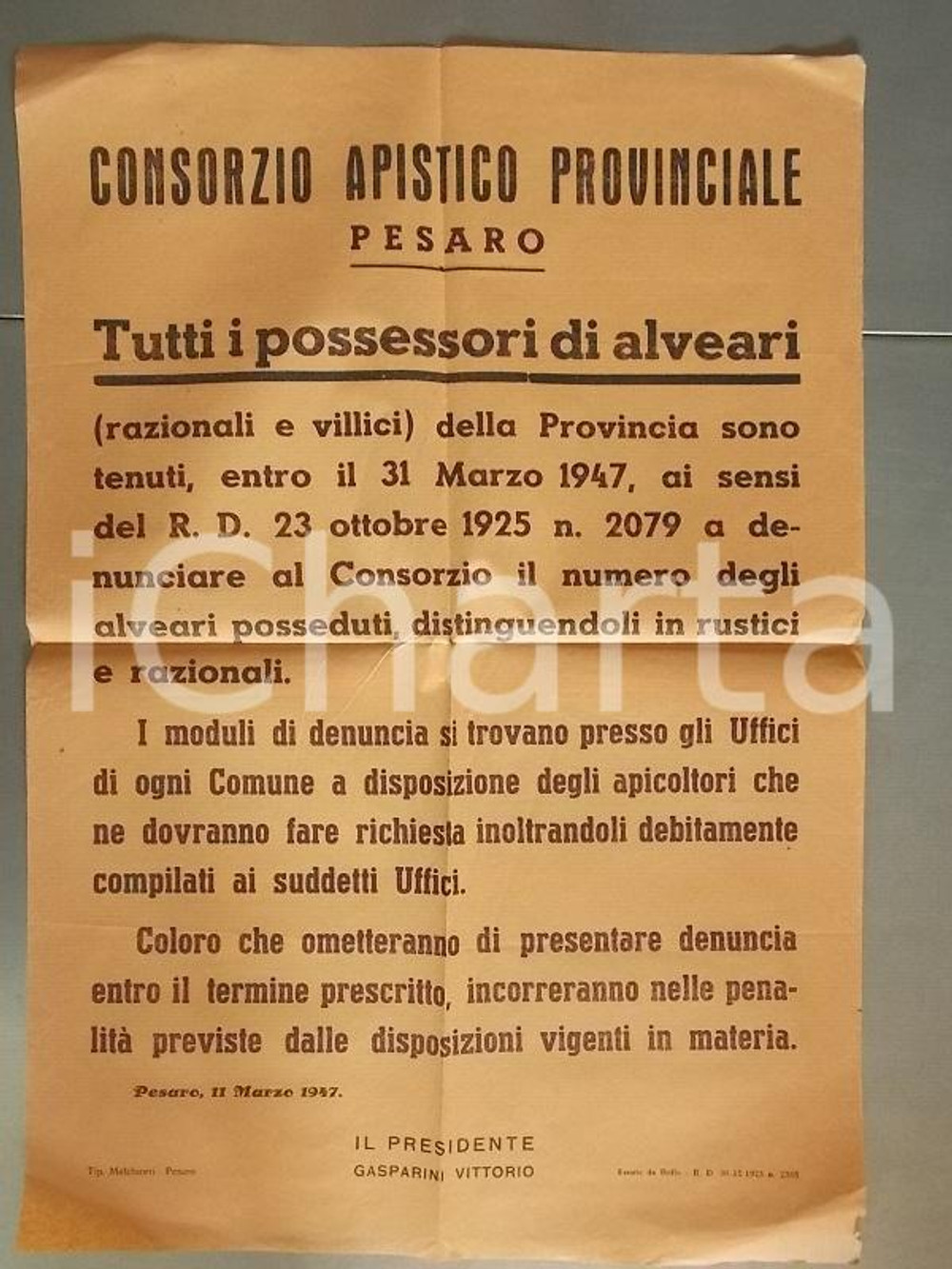 Documento originale, autentico 1947 PESARO Consorzio Apistico Provinciale Apicoltori denuncia alveari Manifesto 1