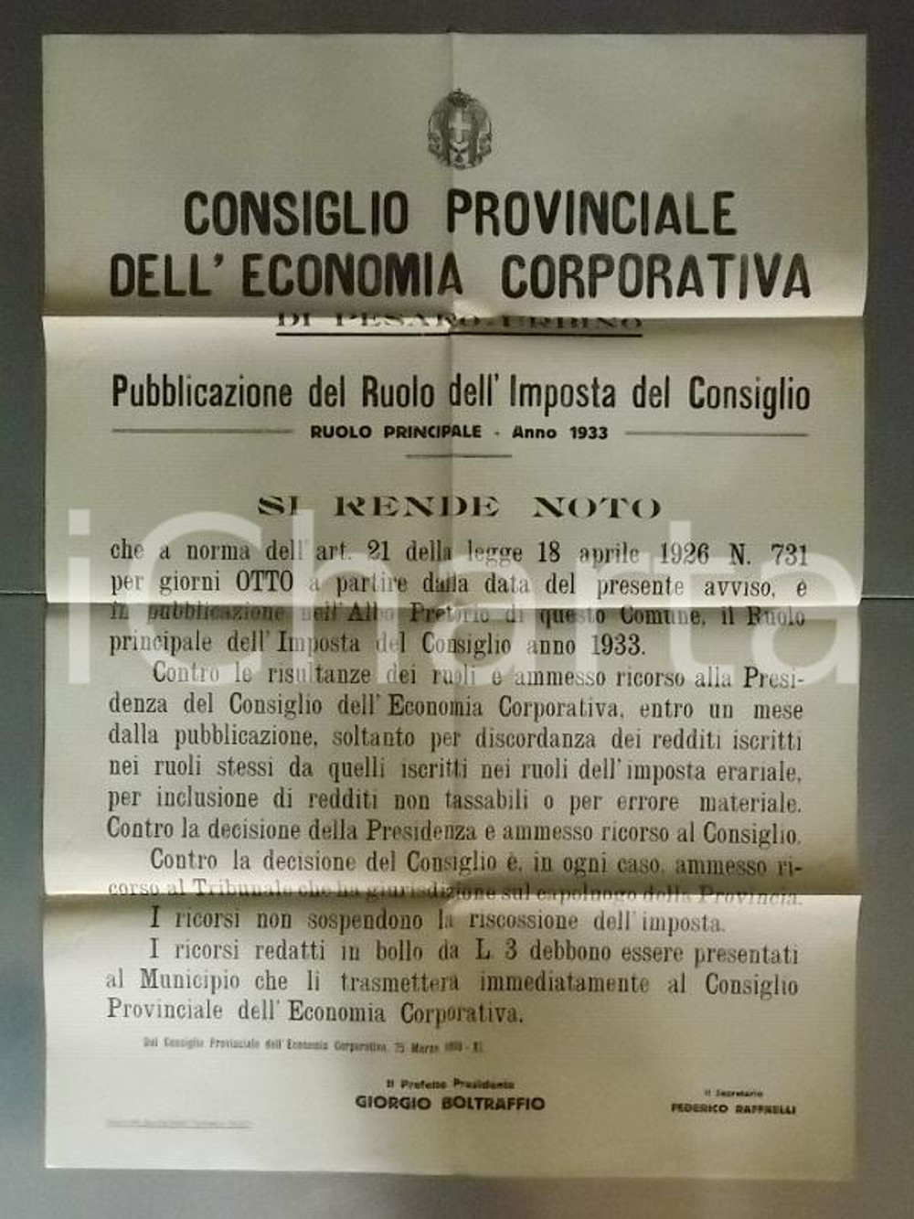 Documento originale, autentico 1933 PESARO Pubblicazione Ruolo imposta del Consiglio Manifesto cm 50 x 72 1