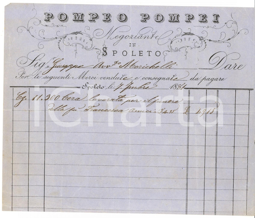 Documento originale, autentico 1867 SPOLETO Negoziante Pompeo POMPEI Fattura intestata per cera 1