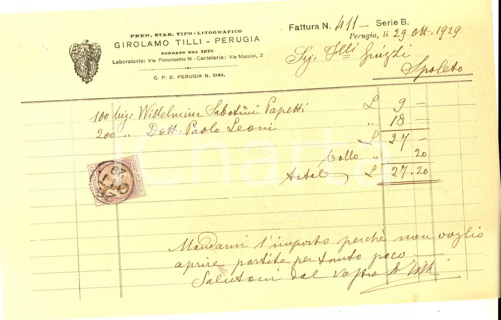 Documento originale, autentico 1929 PERUGIA Girolamo TILLI Stabilimento tipolitografico Fattura intestata 1