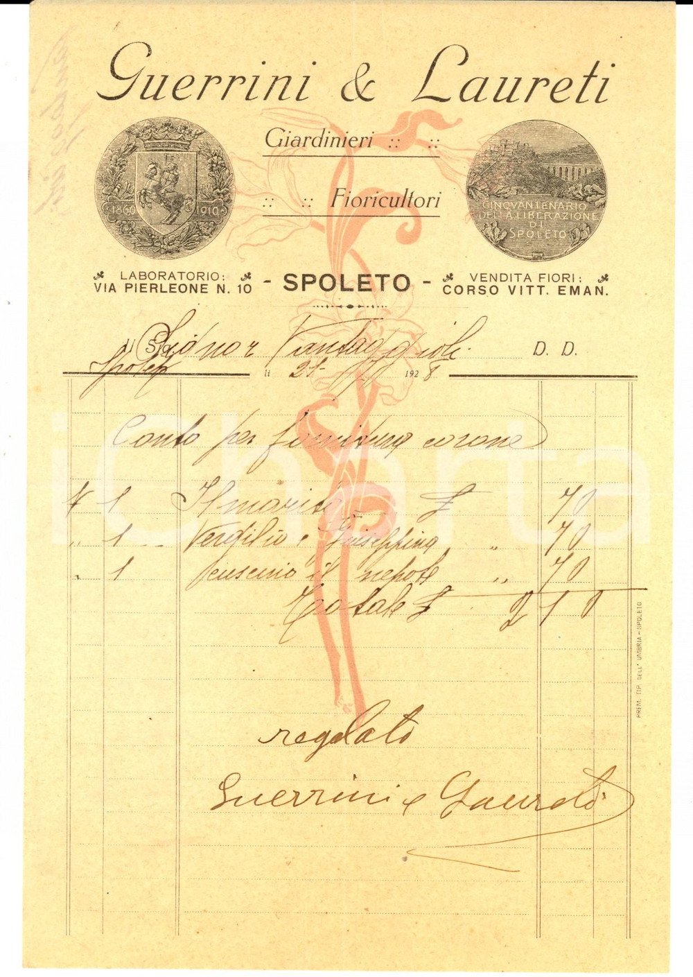 Documento originale, autentico 1928 SPOLETO PG Ditta GUERRINI & LAURETI fioricultori Fattura intestata 1