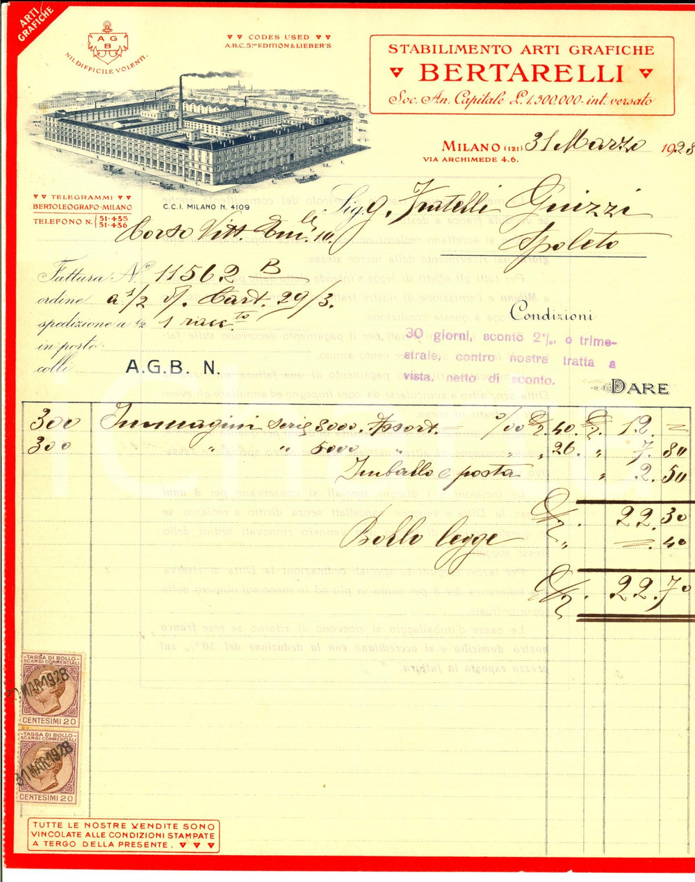 Documento originale, autentico 1928 MILANO Stabilimento Arti Grafiche BERTARELLI Fattura intestata 1