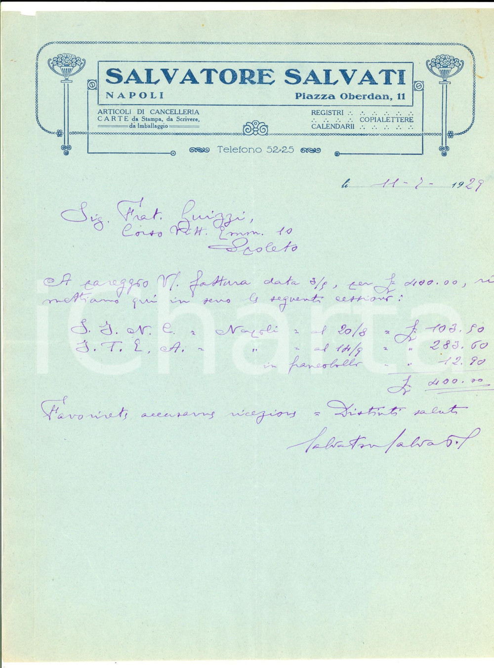 Documento originale, autentico 1929 NAPOLI Articoli di cancelleria Salvatore SALVATI Lettera commerciale 1