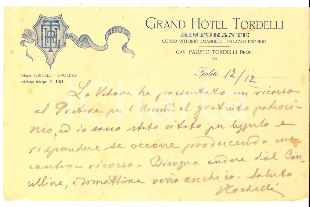 Documento originale, autentico 1912 SPOLETO PG Ristorante GRAND HOTEL TORDELLI Lettera carta intestata 1