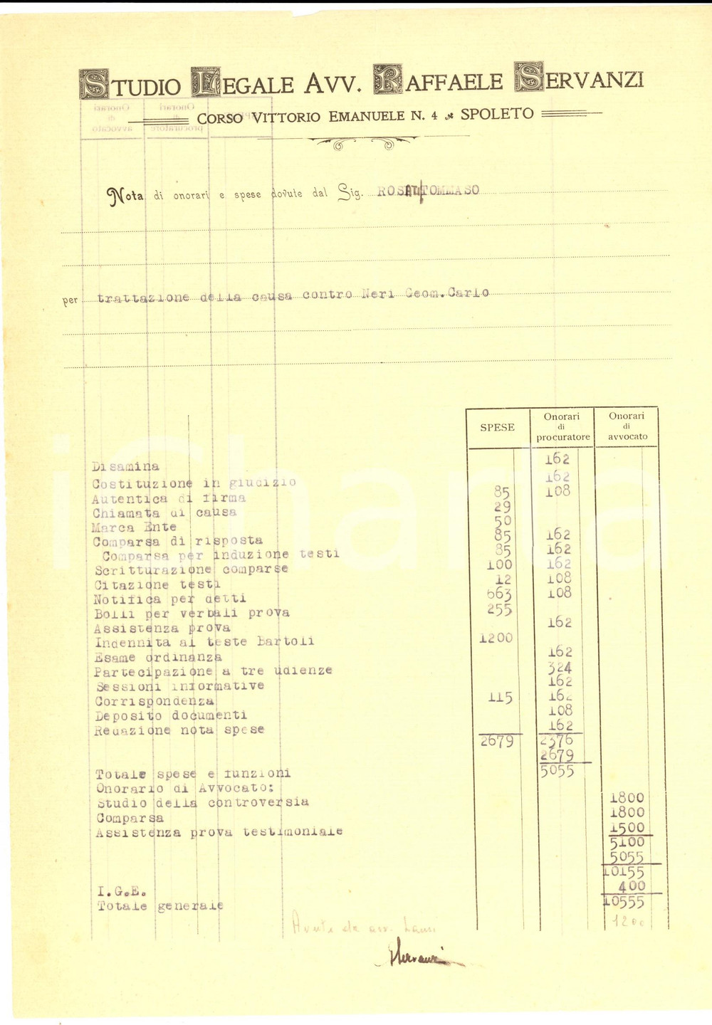 Documento originale, autentico 1950 ca SPOLETO PG Studio legale avv. Raffaele SERVANZI Lettera intestata 1