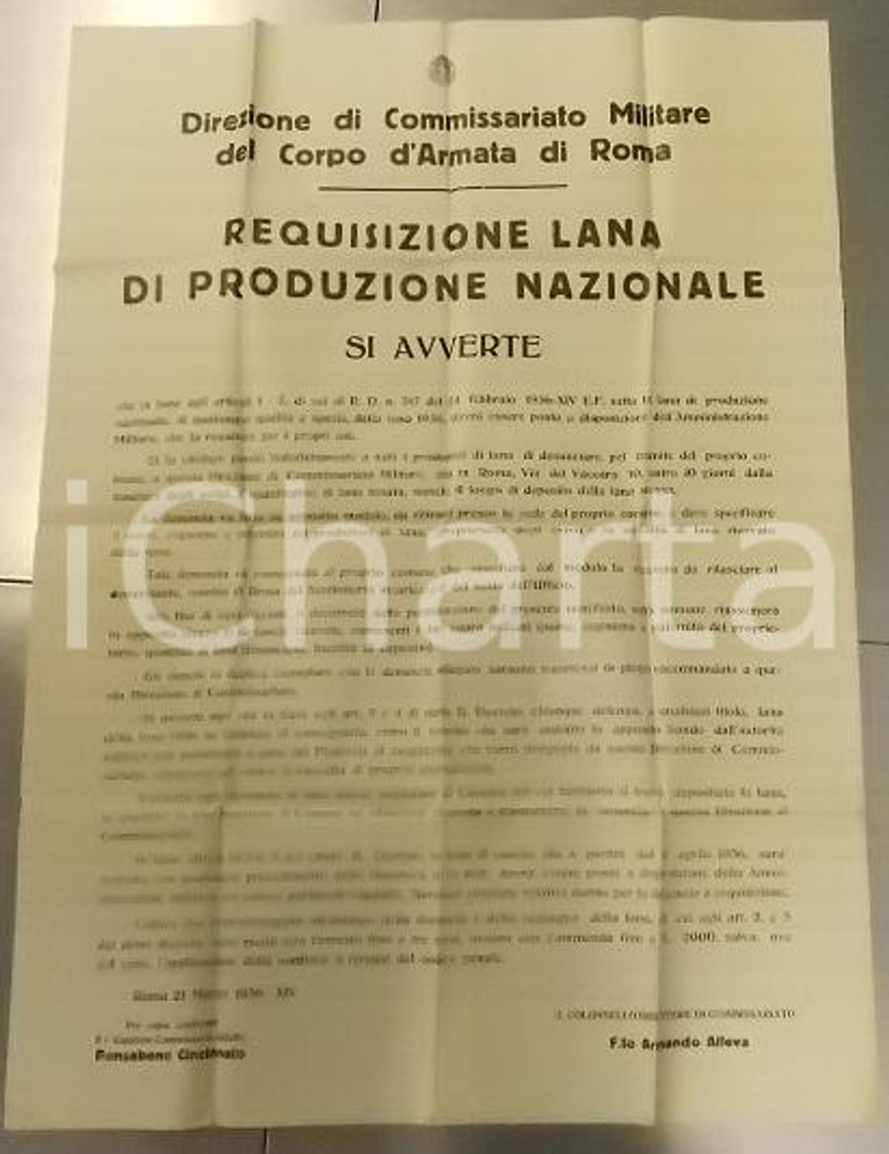 Documento originale, autentico 1936 ROMA Requisizione nazionale di produzione nazionale Manifesto 1