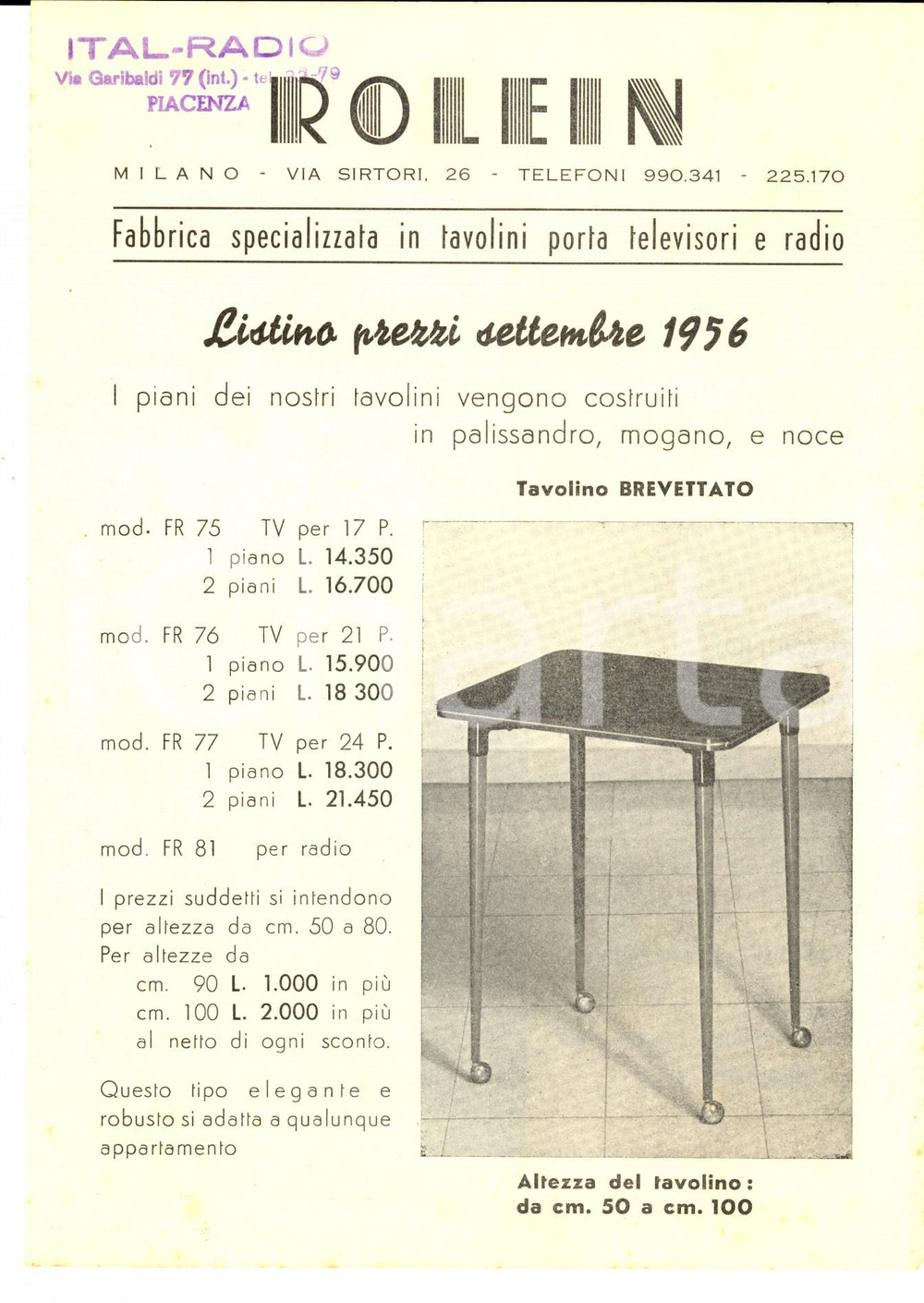 Materiale pubblicitario d’epoca 1956 MILANO Ditta ROLEIN Tavolini porta televisori e radio Listino prezzi 1