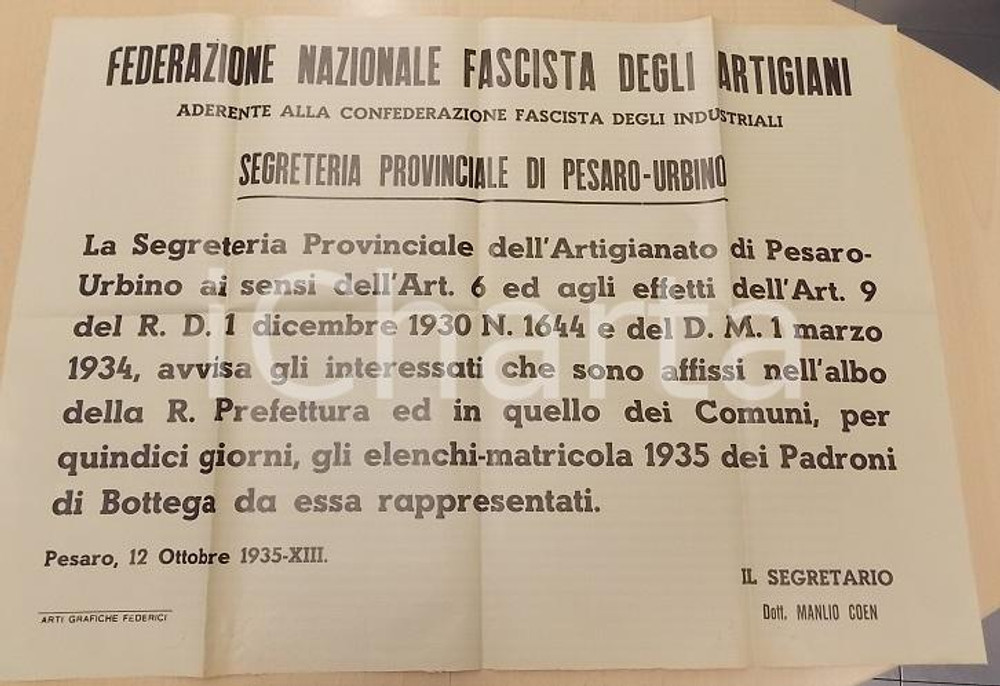 Documento originale, autentico 1935 PESARO Federazione Fascista Artigiani Avviso per padroni di bottega 1
