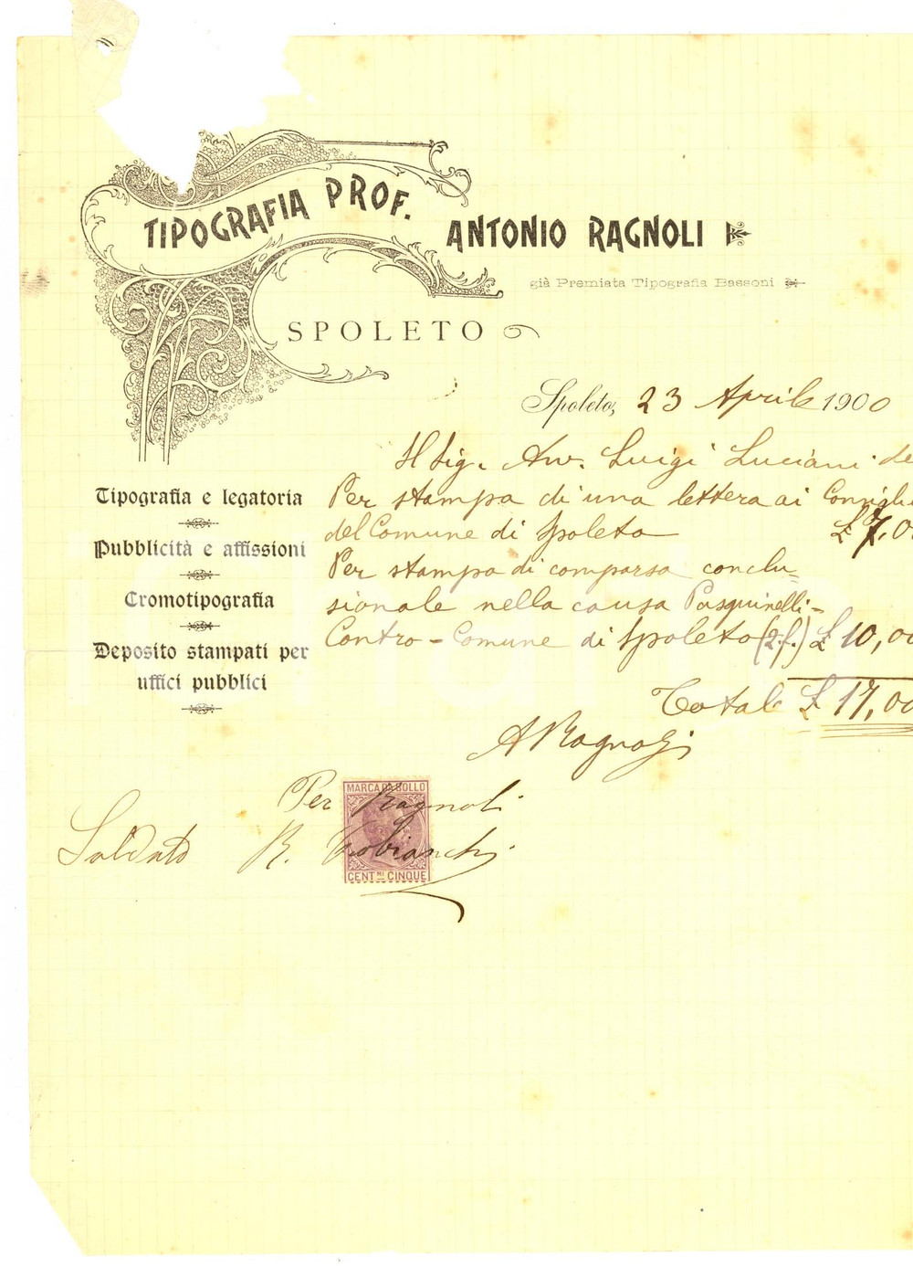 Documento originale, autentico 1900 SPOLETO PG Tipografia prof. Antonio RAGNOLI  Conto manoscritto 1