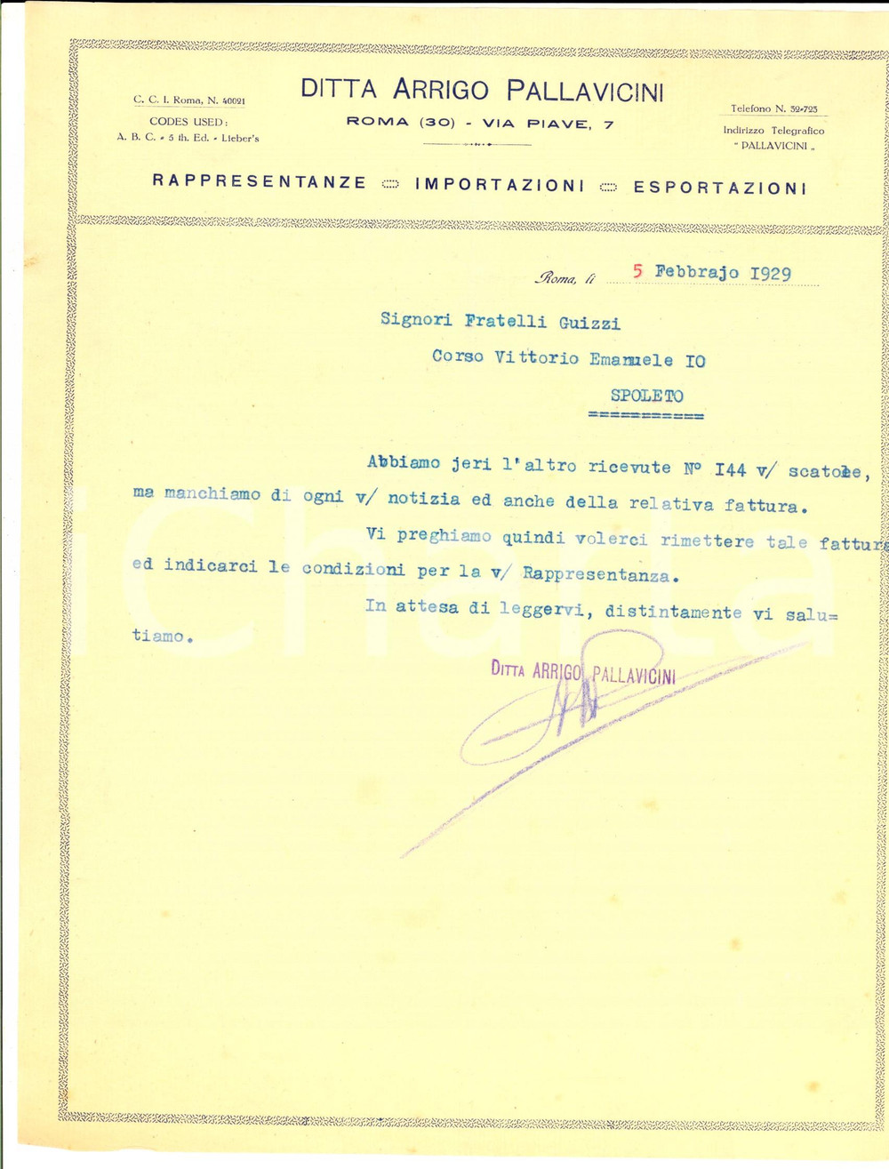 Documento originale, autentico 1929 ROMA Arrigo PALLAVICINI Rappresentanze  importazioni Lettera commerciale 1