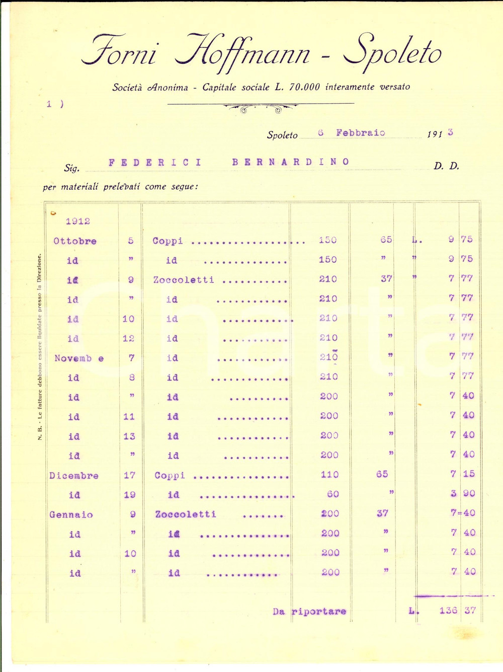 Documento originale, autentico 1913 SPOLETO PG Società FORNI HOFFMANN Fattura per coppi e zoccoletti 1