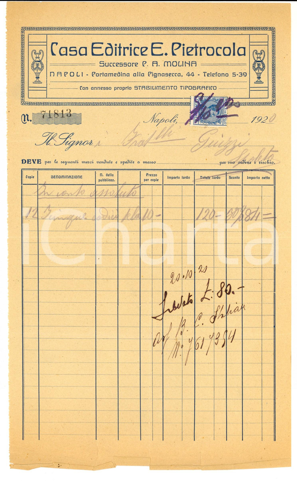 Documento originale, autentico 1920 NAPOLI Casa Editrice PIETROCOLO successore MOLINA Fattura intestata 1