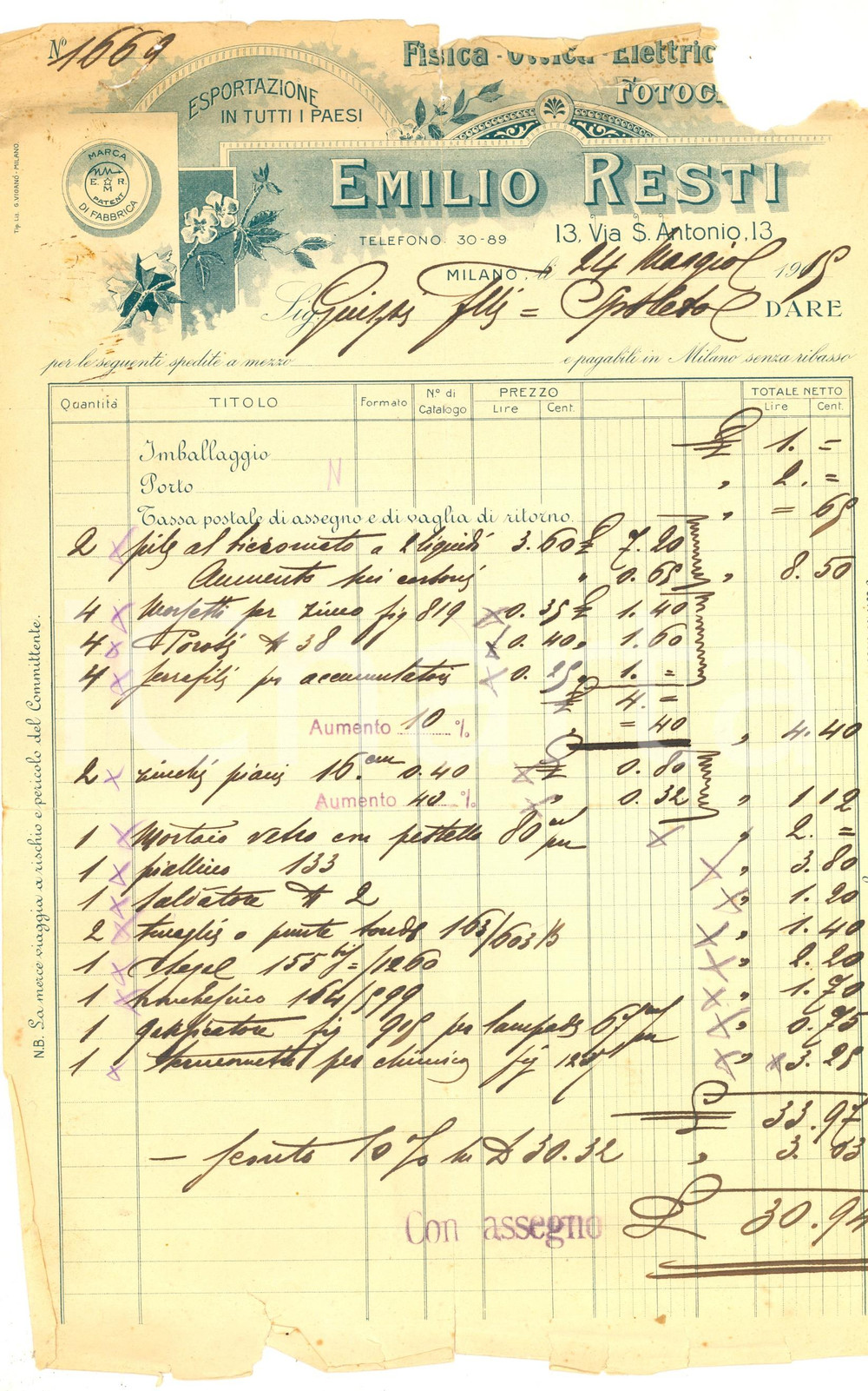 Documento originale, autentico 1915 MILANO Ditta Emilio RESTI fotografia ottica Fattura intestata DANNEGGIATA 1