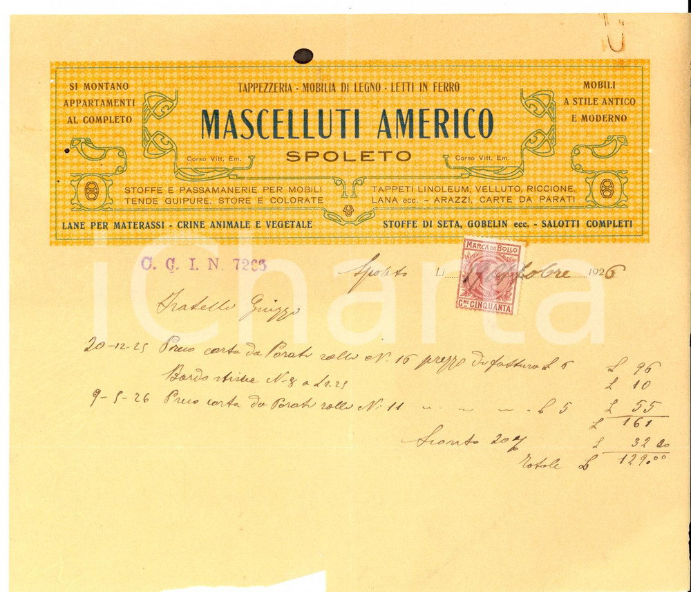 Documento originale, autentico 1926 SPOLETO Mobilificio Americo MASCELLUTI Letti in ferro Lettera carta parati 1