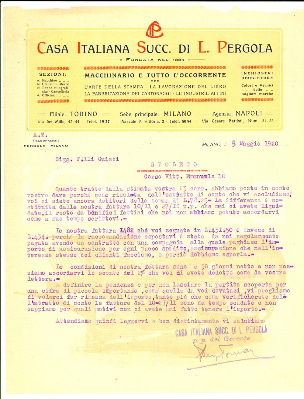 Documento originale, autentico 1920 MILANO Casa Italiana Successori L. PERGOLA Arte della stampa Lettera 1