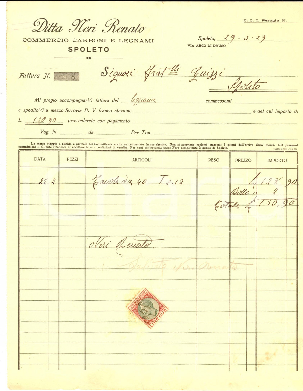Documento originale, autentico 1929 SPOLETO Ditta Renato NERI commercio carboni e legnami Fattura intestata 1