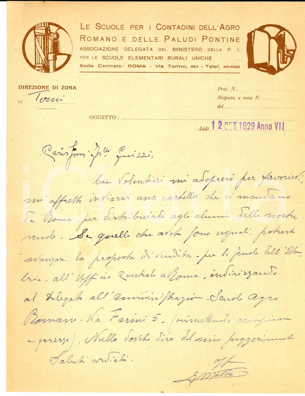 Manoscritto, lettera originale 1929 ROMA SCUOLE per contadini AGRO ROMANO e PALUDI PONTINE Lettera MATTEI 1