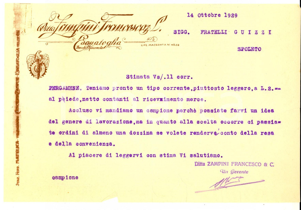 Documento originale, autentico 1929 SPOLETO Ditta Francesco ZAMPINI Lettera commerciale su pergamene 1