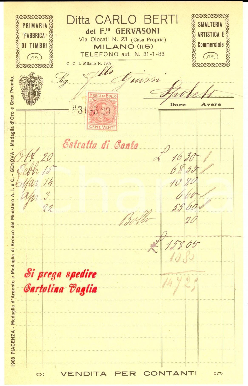 Documento originale, autentico 1929 MILANO Via Olocati  Ditta Carlo BERTI f.lli GERVASONI Carta intestata 1