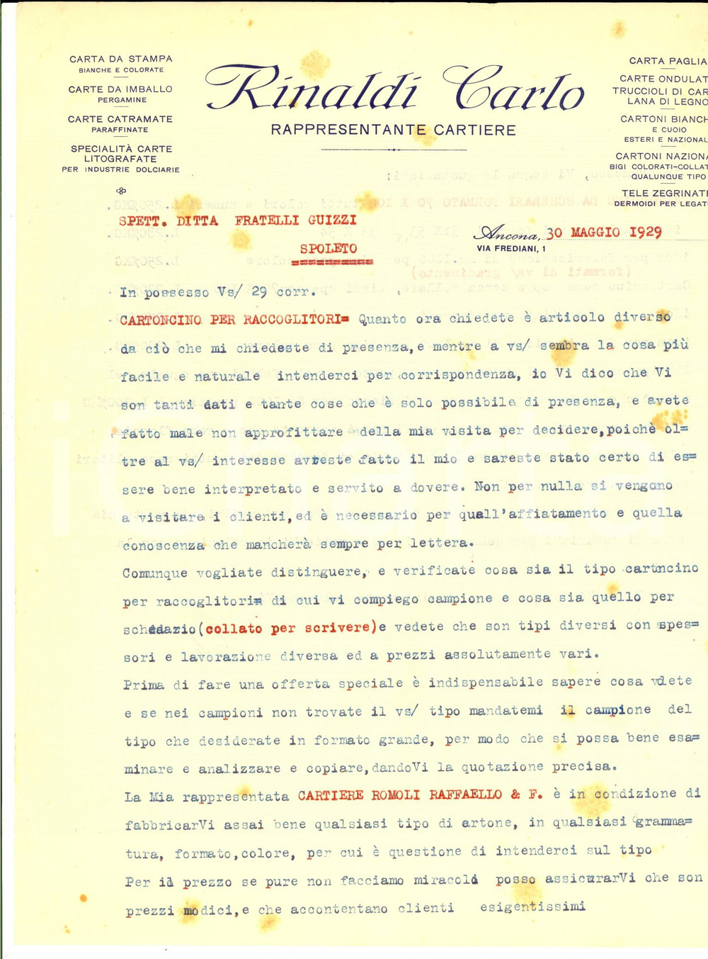 Documento originale, autentico 1929 ANCONA Carlo RINALDI rappresentante cartiere Lettera su cartoncino 1