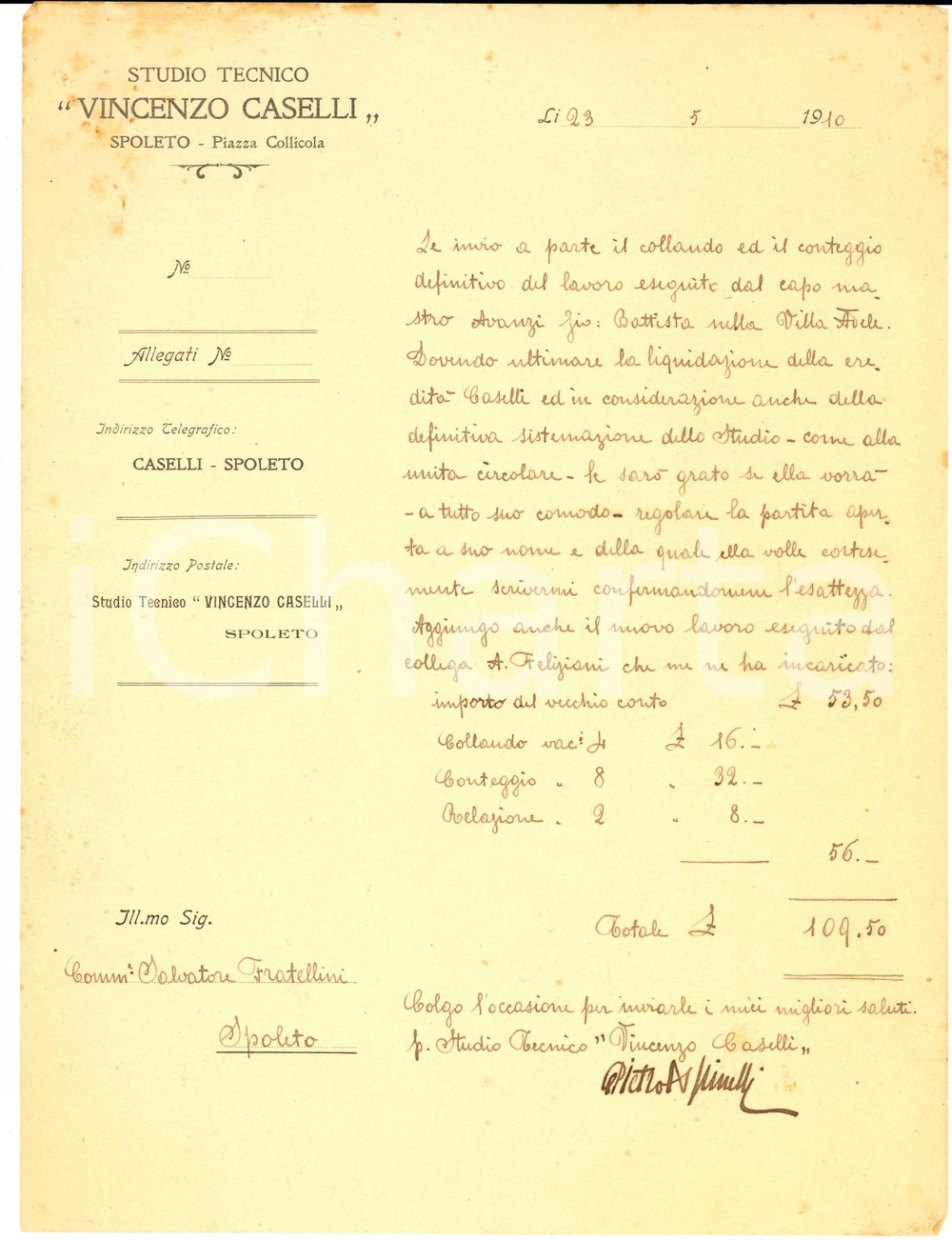 Documento originale, autentico 1910 SPOLETO PG Studio tecnico Vincenzo CASTELLI Lettera liquidazione eredità 1