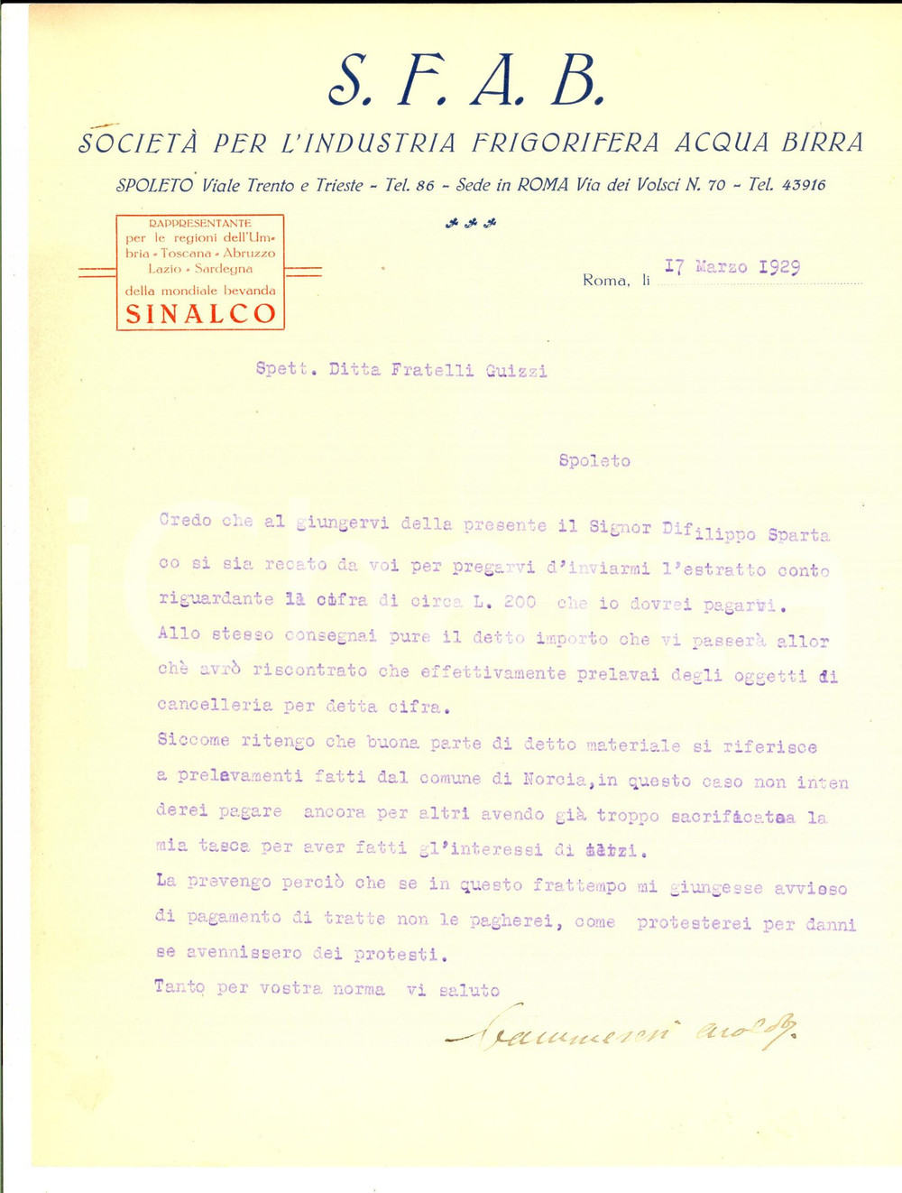 Documento originale, autentico 1929 ROMA SFAB Società Industria Frigorifera Acqua Birra Lettera commerciale 1
