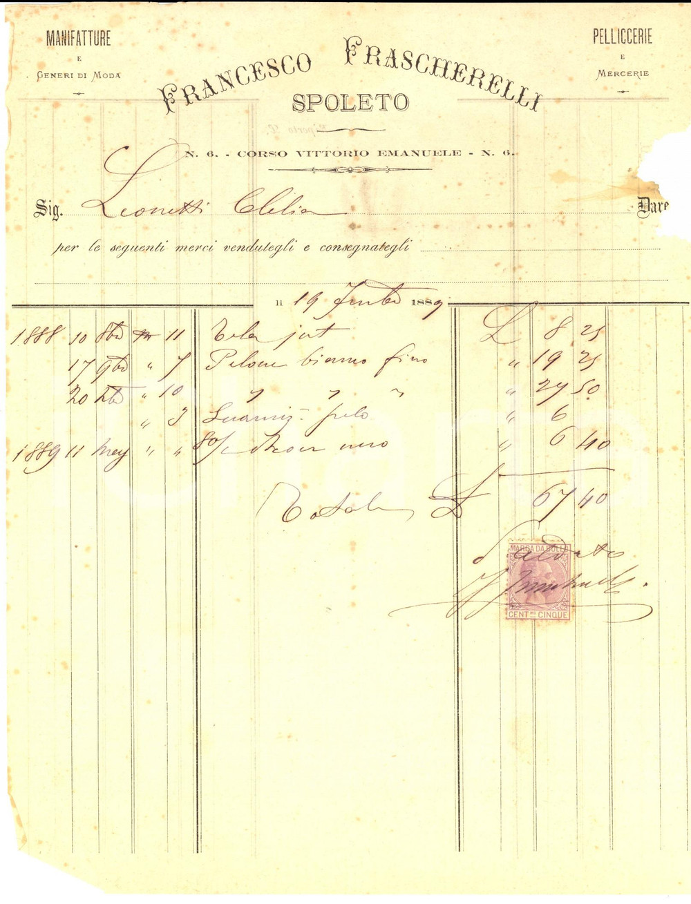 Documento originale, autentico 1889 SPOLETO PG Francesco FRASCHERELLI generi di moda Fattura intestata 1