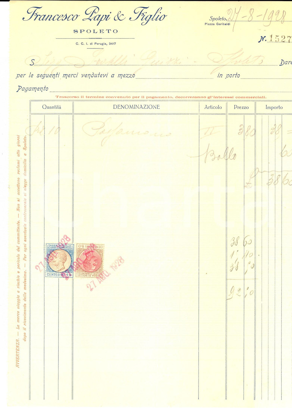 Documento originale, autentico 1928 SPOLETO PG Francesco PAPI & Figlio Fattura intestata passamano 1