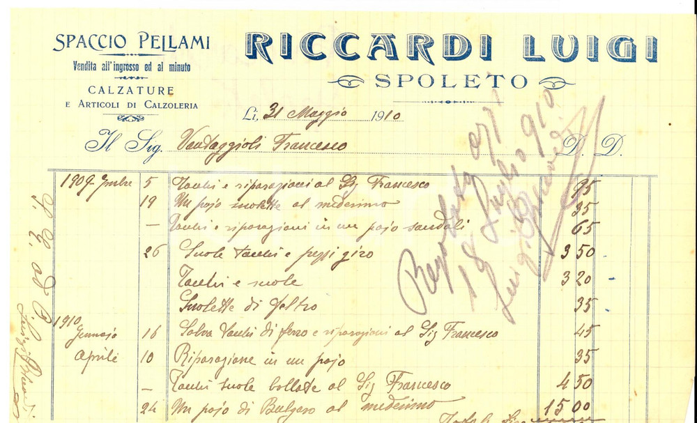 Documento originale, autentico 1910 SPOLETO PG Luigi RICCARDI spaccio pellami e calzature Fattura intestata 1