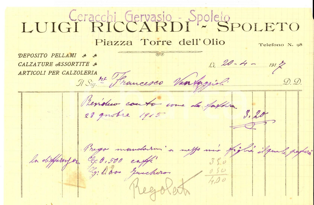 Documento originale, autentico 1917 SPOLETO PG Luigi RICCARDI deposito pellami e calzature Fattura intestata 1