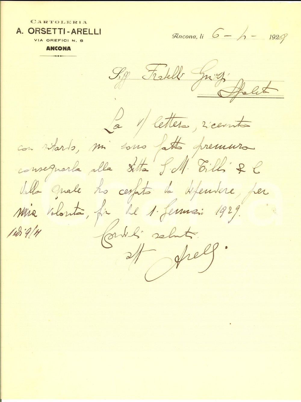 Documento originale, autentico 1929 ANCONA Cartoleria ORSETTIARELLI Lettera sulla ditta TILLI & C. 1
