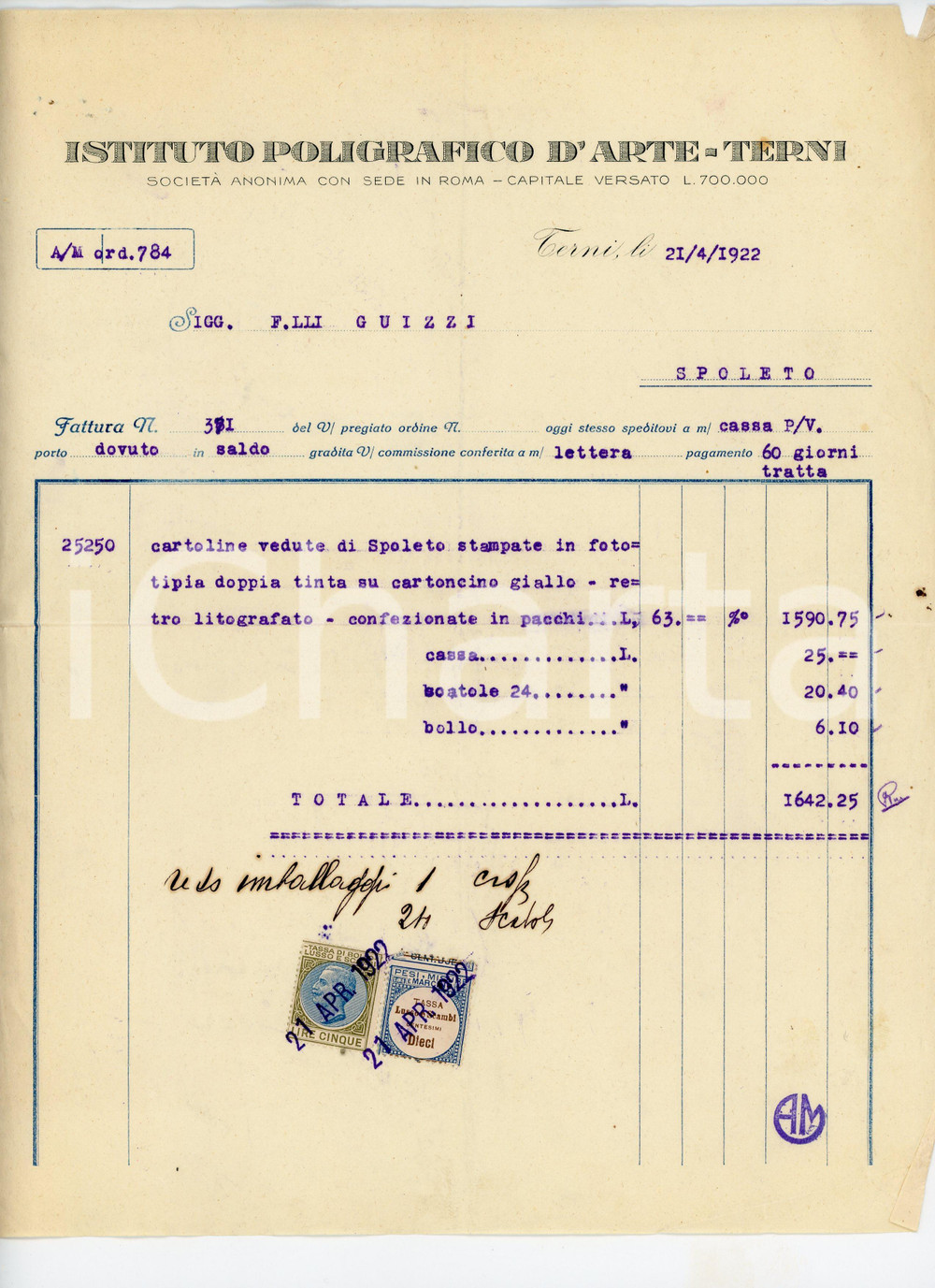 Documento originale, autentico 1922 TERNI Istituto Poligrafico d Arte  Fattura intestata per cartoline 1