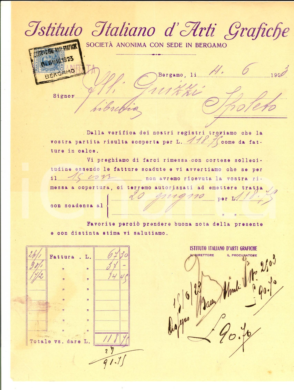 Documento originale, autentico 1923 BERGAMO Istituto Italiano d Arti Grafiche  Lettera commerciale intestata 1