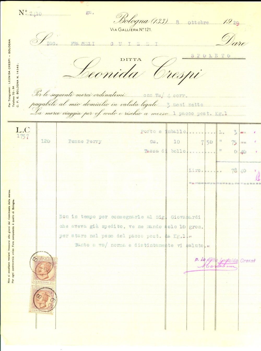 Documento originale, autentico 1929 BOLOGNA Ditta Leonida CRESPI Fattura intestata per penne Perry 1