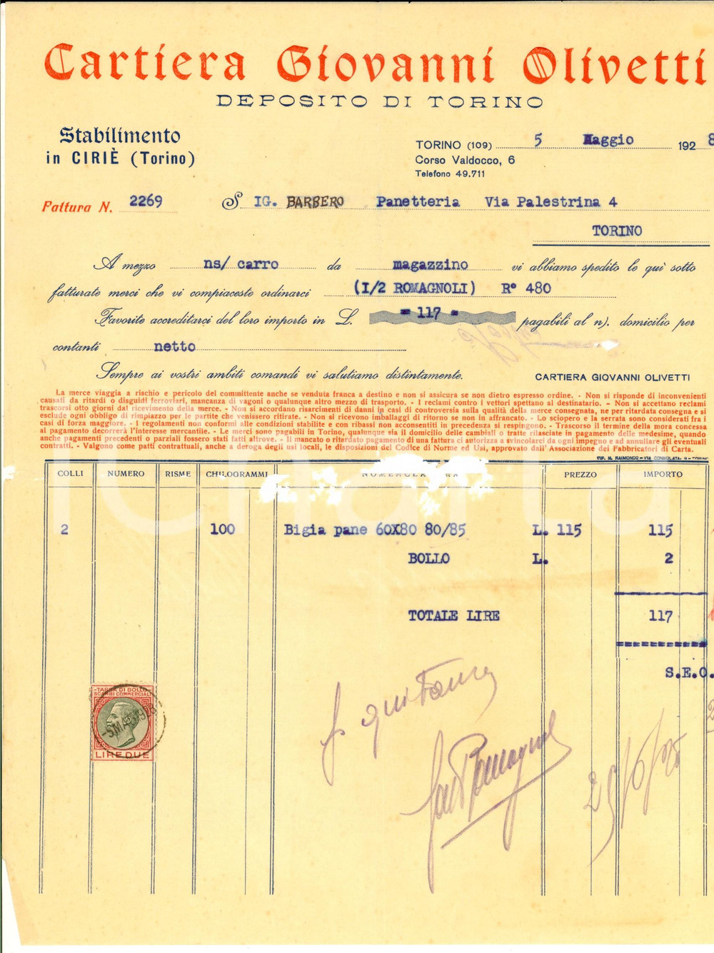 Documento originale, autentico 1928 TORINO Cartiera Giovanni OLIVETTI Fattura per bigia pane DANNEGGIATA 1