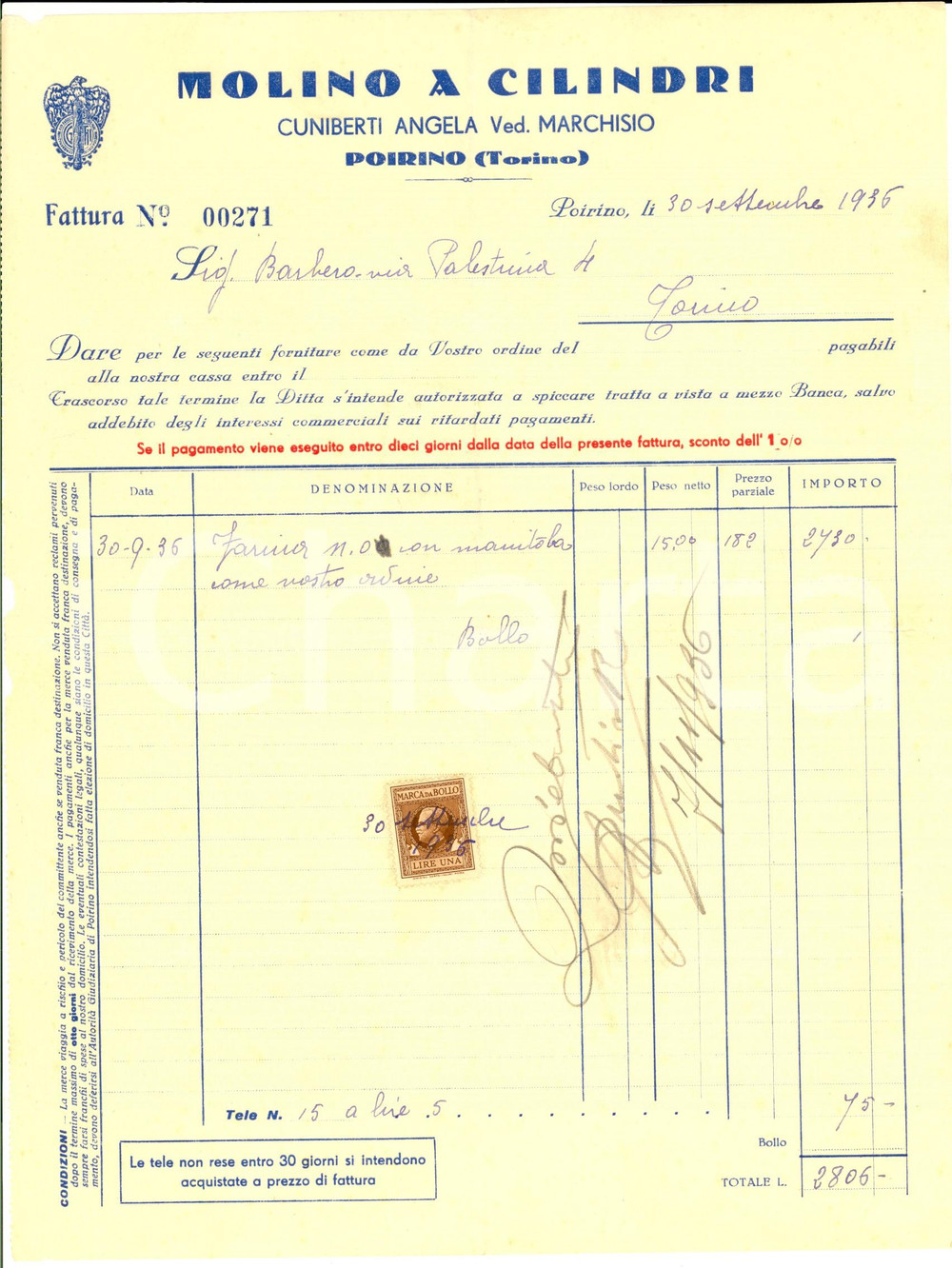 Documento originale, autentico 1936 POIRINO TO Angela CUNIBERTI MARCHISIO Molino a clilindri Fattura 1